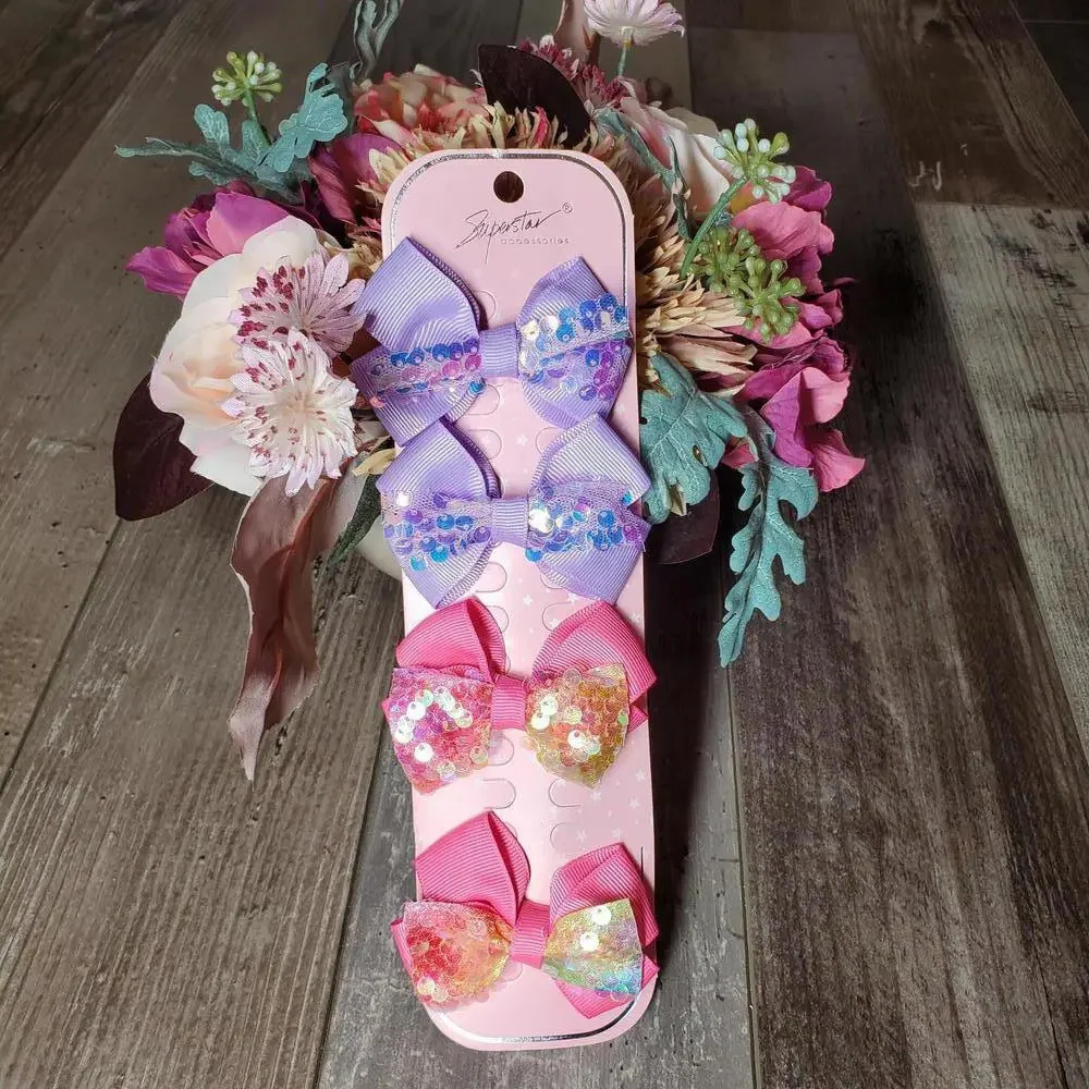 NWT Pink and Purple Ribbon Bow Sequin Girl Hair Clips Set of 4